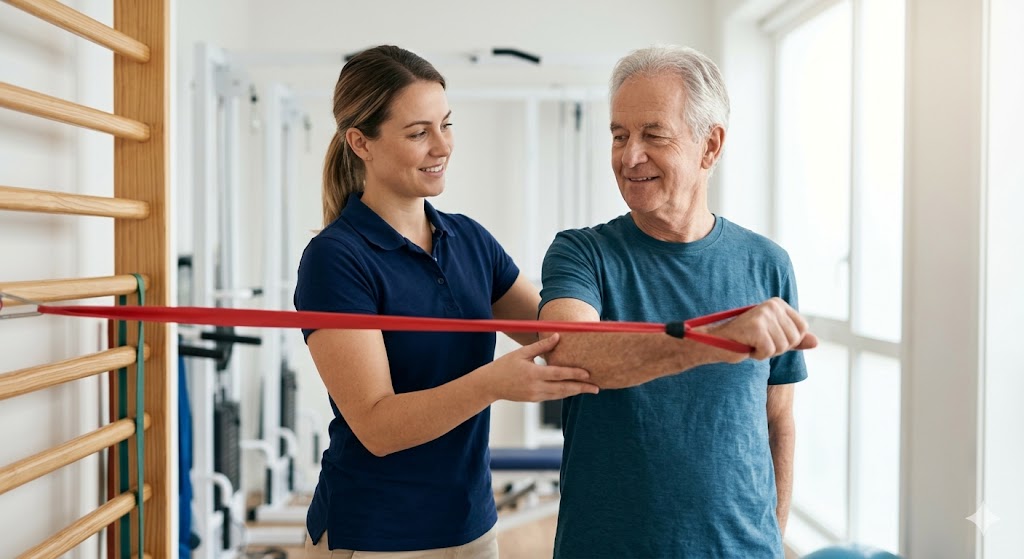 Elderly man doing resistance band exercises