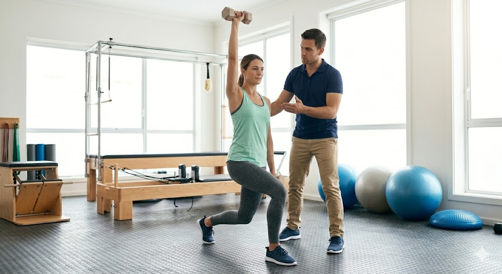 Patient doing lunge exercises with weights